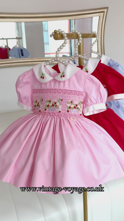 NEW🎄🧑‍🎄ELIZABETH STRAWBERRY🍓BASKET HAND-SMOCKED🧵🪡👑DRESS & ACCESSORIES🎀