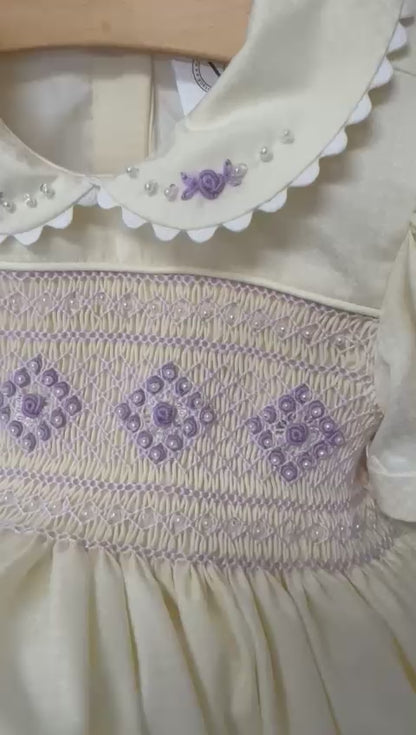 PRE-ORDER NOW & GET NEXT WEEK‼️NEW🤩MOLLY CREAM & LILAC💜HAND-SMOCKED🧵🪡👑DRESS,PANTIES (6M-24M) & BOWS OR HEADBAND 🎀