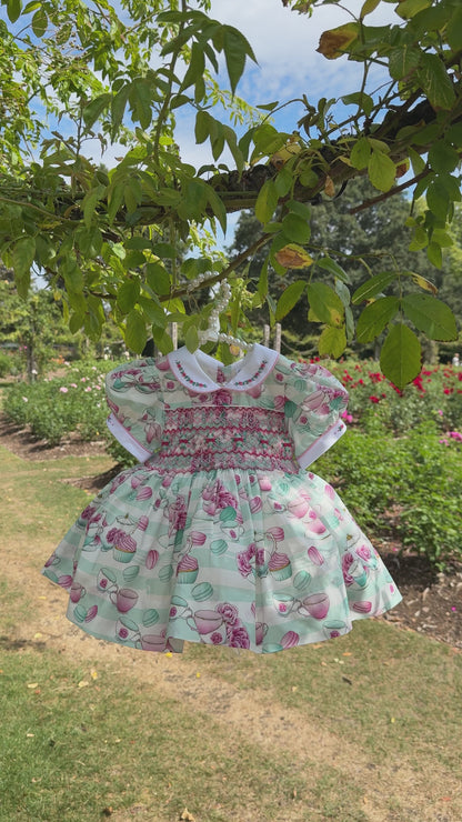 NEW😍PATRICIA CUSTOM PRINTED☕️🌸HAND-SMOCKED🧵🪡DRESS & ACCESSORIES🎀