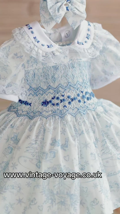 NEW😍MARGARET CUSTOM PRINTED❄️☃️HAND-SMOCKED🧵🙏🏻DRESS & ACCESSORIES🎀