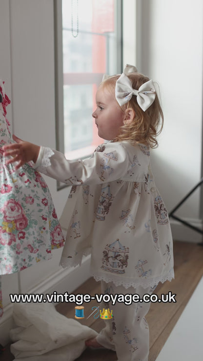 NEW‼️CAROUSEL BLUE🩵CUSTOM PRINTED PYJAMA & BOWS SET🎀🎀