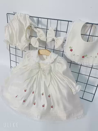 NEW🤩ANGEL👼BISCUIT HAND-EMBROIDERED🧵🪡BABY DRESS,BIB,BLOOMERS,HEADBAND SET🍓🍓🍓