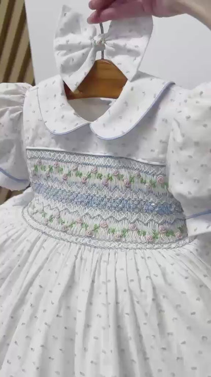 NEW🤩EVELYN SWISS DOT BLUE🦋HAND-SMOCKED🧵🪡DRESS, PANTIES & HAIR ACCESSORIES🎀