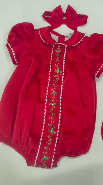 NEW🎄HOLLY RED❤️SILK/SATIN BABY GIRLS ROMPER,BIB & HEADBAND OR BOWS🎀