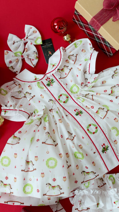 FESTIVE FUN🎄🤶HAND-EMBROIDERED🧵🪡DRESS, PANTIES& BOWS OR HEADBAND 🎀