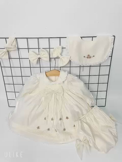 NEW🤩FIONA👼CHAMPAGNE HAND-EMBROIDERED🧵🪡BABY DRESS,BIB,BLOOMERS,HEADBAND SET