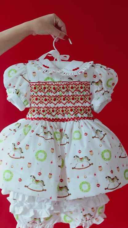 FESTIVE FUN🎉🎄 HAND-SMOCKED🧵🪡DRESS,PANTIES,BIB & BOWS OR HEADBAND 🎀
