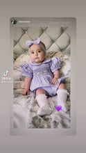 Load and play video in Gallery viewer, NEW SEASON &quot;COCO&quot; LILAC Hand-Smocked Cotton Romper &amp; Hair Accessories
