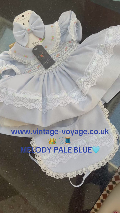 NEW SEASON🍁MELODY PALE BLUE🩵HAND-SMOCKED🧵🪡DRESS,BIB,BLOOMERS & HEADBAND OR BOWS🎀🎀