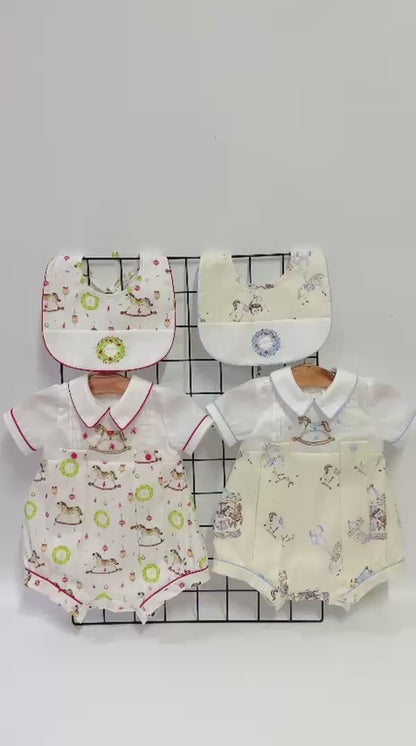 PRE-ORDER & GET NEXT WEEK‼️NEW🤩FESTIVE FUN🎄HAND-EMBROIDERED🧵🪡BABY BOYS ROMPER & BIB SET🩵