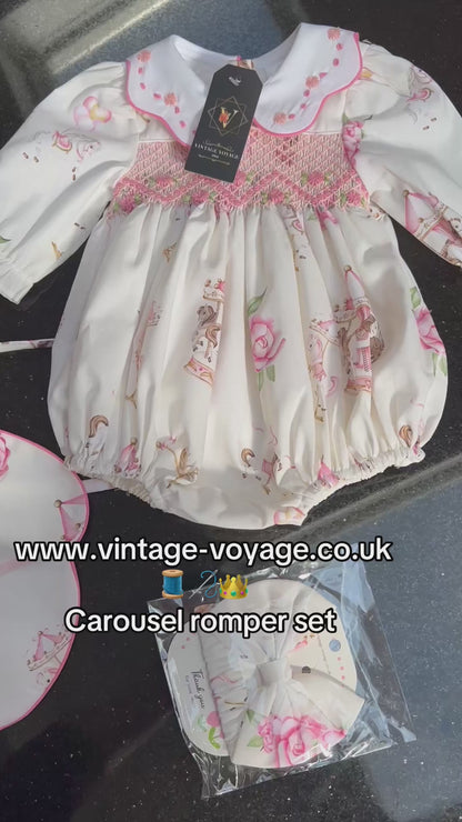 NEW👑CAROUSEL🎠PINK HAND-SMOCKED🧵🪡CUSTOM PRINT BABY ROMPER SET🎀