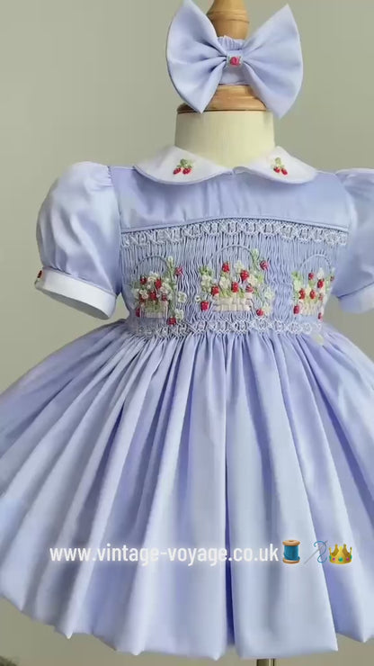 NEW🎄🧑‍🎄ELIZABETH STRAWBERRY🍓BASKET BABY BLUE HAND-SMOCKED🧵🪡👑DRESS & ACCESSORIES🎀