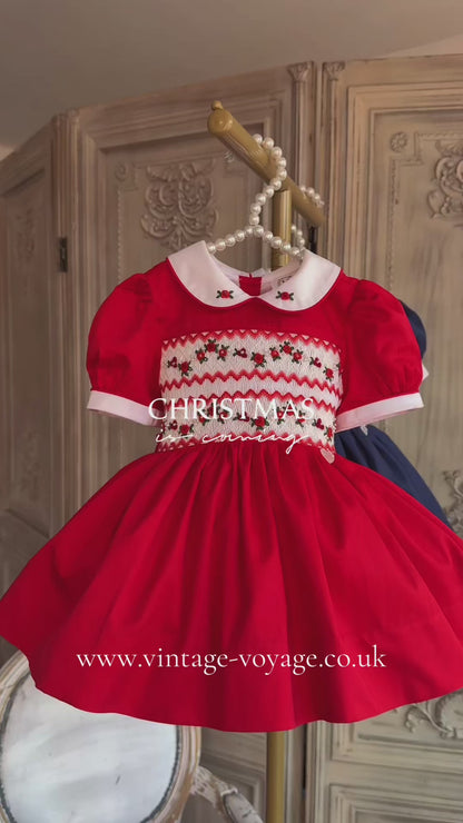NEW🎄GLORIA HAND-SMOCKED🧵🪡RED❤️CHRISTMAS🧵🪡DRESS & ACCESSORIES🎀