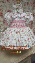 Load and play video in Gallery viewer, NEW SEASON! &quot;HOLLY&quot; Front &amp; Back Floral Cotton Hand-Smocked Dress &amp; Hair Accessories
