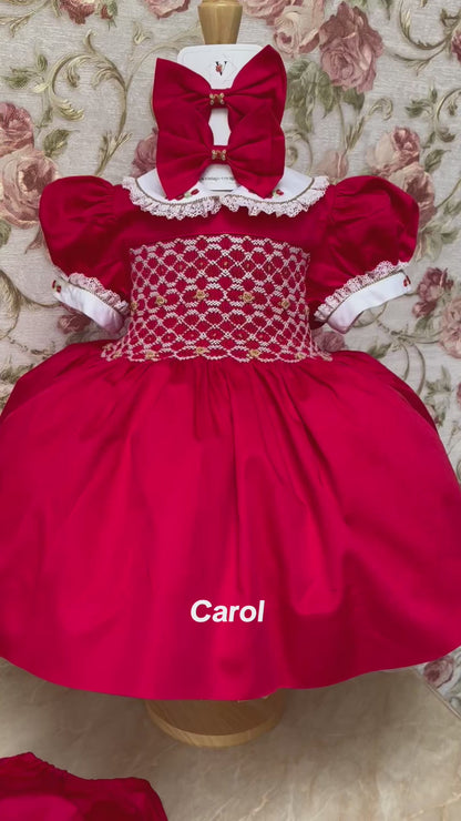 NEW🤩CAROL🎄🤶RED & GOLD HAND-SMOCKED🧵🪡👑DRESS,PANTIES &  HAIR ACCESSORIES🎀