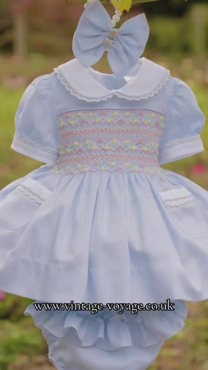 🍁ISABELLA BABY BLUE❄️HAND-SMOCKED🧵🪡👑DRESS & ACCESSORIES🎀