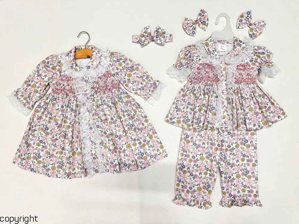 PRE-ORDER & GET NEXT WEEK! NEW! SUNNY PINK FLORAL HAND-SMOCKED PJ & GOWN SET 6 months pyjama set