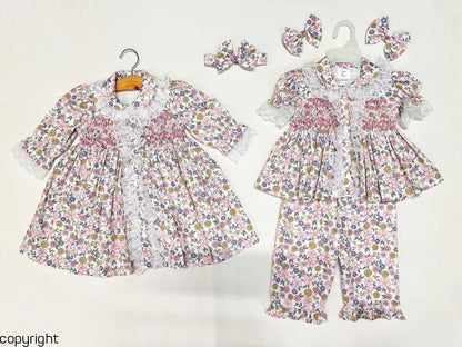 PRE-ORDER & GET NEXT WEEK! NEW! SUNNY PINK FLORAL HAND-SMOCKED PJ & GOWN SET 6 months pyjama set