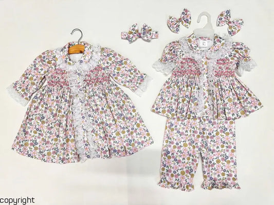 PRE-ORDER & GET NEXT WEEK! NEW! SUNNY PINK FLORAL HAND-SMOCKED PJ & GOWN SET 6 months pyjama set
