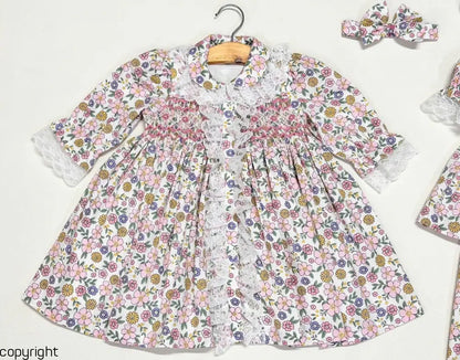 PRE-ORDER & GET NEXT WEEK! NEW! SUNNY PINK FLORAL HAND-SMOCKED PJ & GOWN SET pyjama set