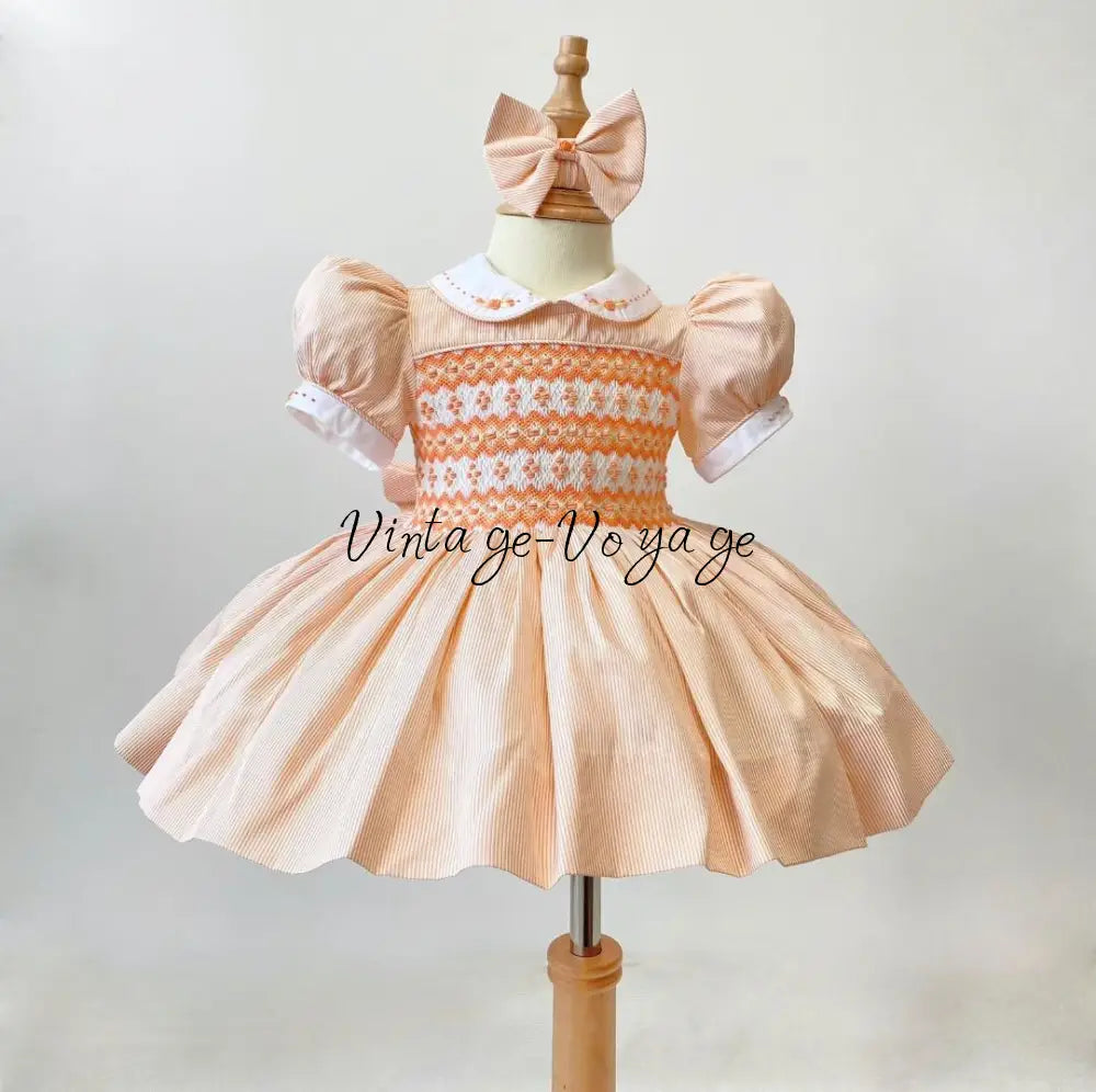 TAMMY PEACH STRIPES HAND-SMOCKED🧵🪡DRESS & HAIR ACCESSORIES🎀 6M Baby & Toddler Dresses