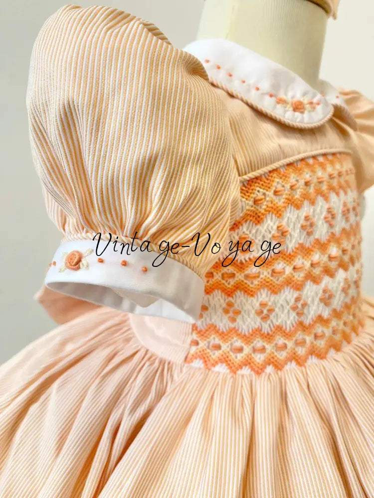 TAMMY PEACH STRIPES HAND-SMOCKED🧵🪡DRESS & HAIR ACCESSORIES🎀 Baby & Toddler Dresses