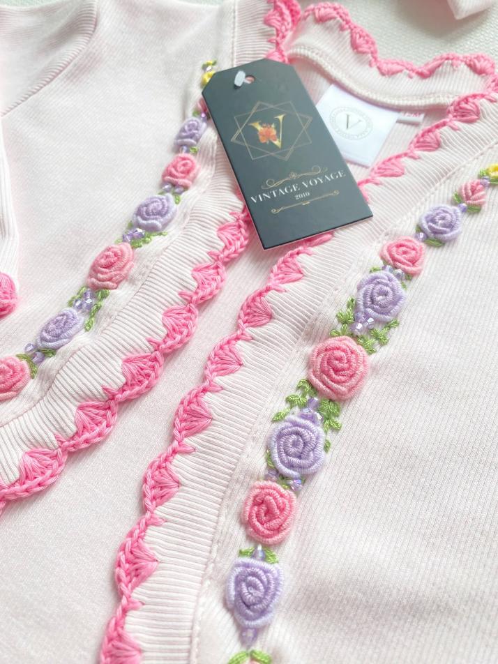 PRE-ORDER & GET NEXT WEEK‼️NEW SEASON🍁OLIVIA BABY PINK🌸COTTON HAND-EMBROIDERED🧵🪡CARDIGAN, SOCKS & HAIR ACCESSORIES🎀