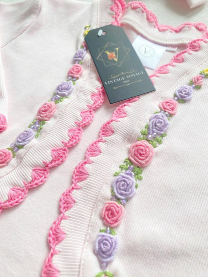 PRE-ORDER & GET NEXT WEEK‼️NEW SEASON🍁OLIVIA BABY PINK🌸COTTON HAND-EMBROIDERED🧵🪡CARDIGAN, SOCKS & HAIR ACCESSORIES🎀