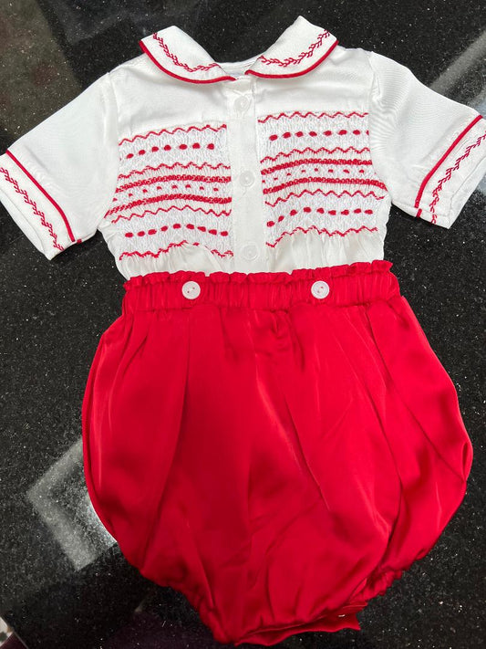 GEORGE🎄🤶WHITE & RED SILK BLEND HAND-SMOCKED🧵🪡ROMPER/SUIT♥️