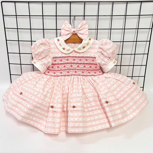 OLIVIA PINK STRIPES SWISS DOT COTTON FRONT & BACK HAND-SMOCKED DRESS & TWO BOWS. LAST ONE 4-5 years Baby & Toddler