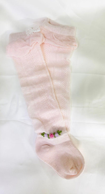 Baby Girls Hand-Embroidered Pastel Pink Knee Length Hand-Embroidered Lace Socks