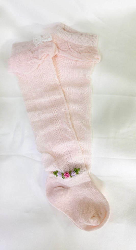 Baby Girls Hand-Embroidered Pastel Pink Knee Length Hand-Embroidered Lace Socks