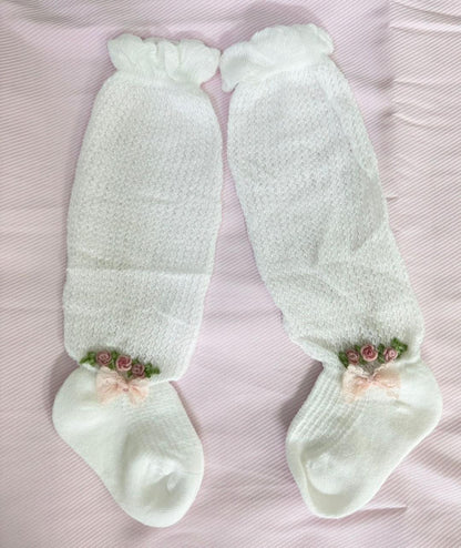 Baby Girls Hand-Embroidered Ivory Knee Length Hand-Embroidered Lace Socks