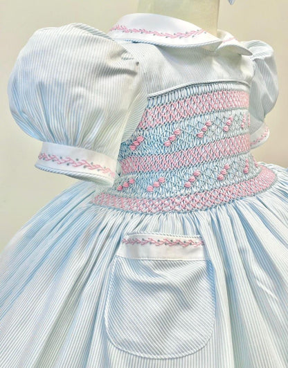 PRE-ORDER&GET NEXT WEEK!NEW❣️MYLA PALE BLUE🩵PINSTRIPES HAND-SMOCKED🧵🪡DRESS,PANTIES & HAIR ACCESSORIES🎀