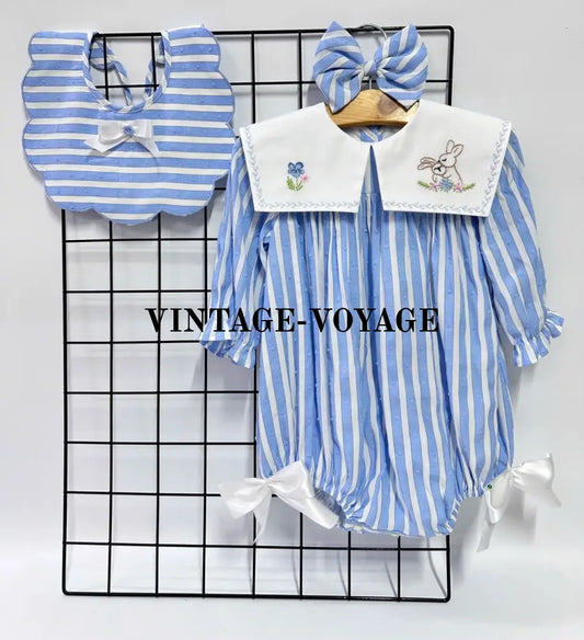 PRE ORDER&GET NEXT WEEK! NEW! VIVI BLUE STRIPED HAND EMBROIDERED BABY ROMPER BIB & HAIR ACCESSORIES SET NB 1M Baby &