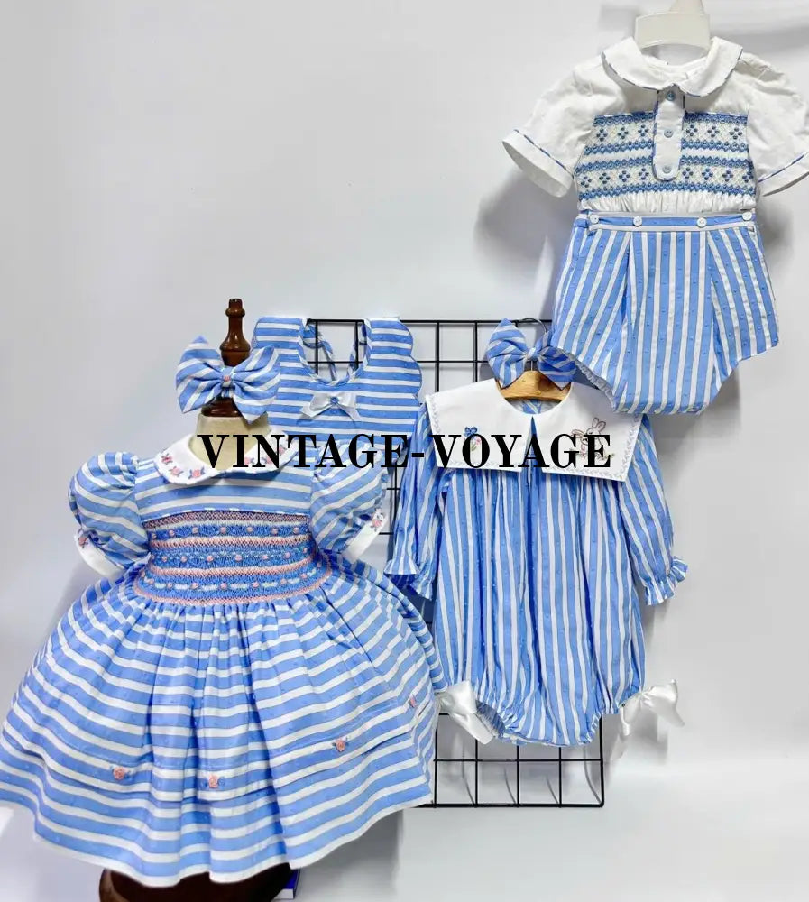 PRE ORDER&GET NEXT WEEK! NEW! VIVI BLUE STRIPED HAND EMBROIDERED BABY ROMPER BIB & HAIR ACCESSORIES SET Baby & Toddler