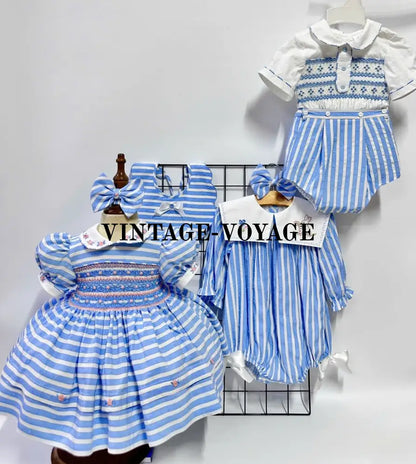 PRE ORDER&GET NEXT WEEK! NEW! VIVI BLUE STRIPED HAND EMBROIDERED BABY ROMPER BIB & HAIR ACCESSORIES SET Baby & Toddler