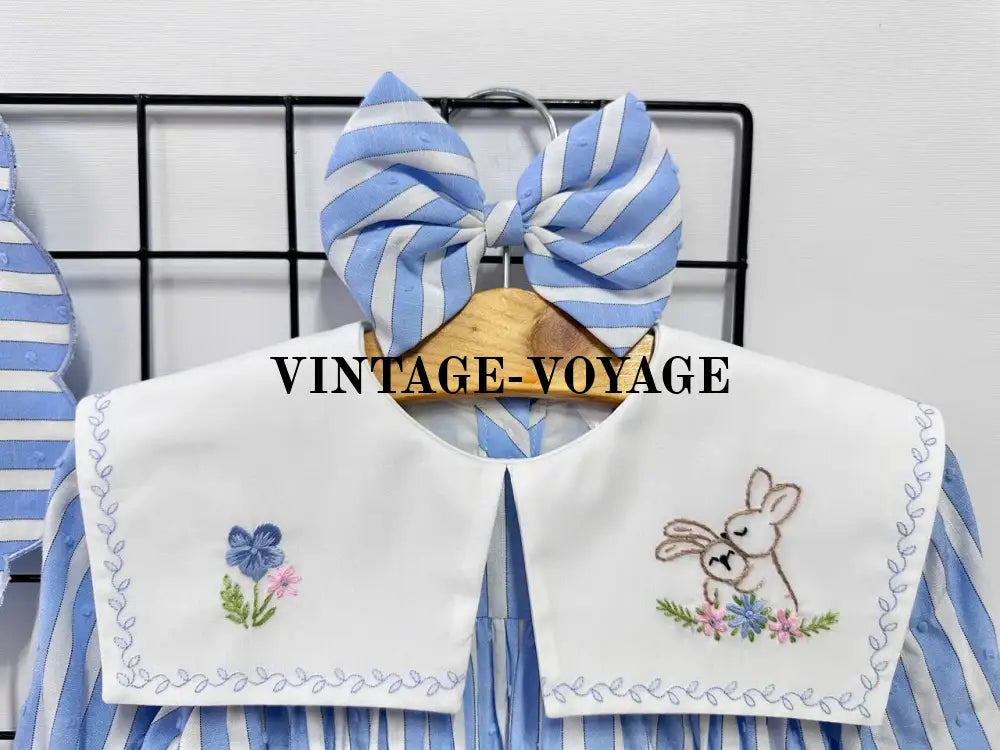 PRE ORDER&GET NEXT WEEK! NEW! VIVI BLUE STRIPED HAND EMBROIDERED BABY ROMPER BIB & HAIR ACCESSORIES SET Baby & Toddler