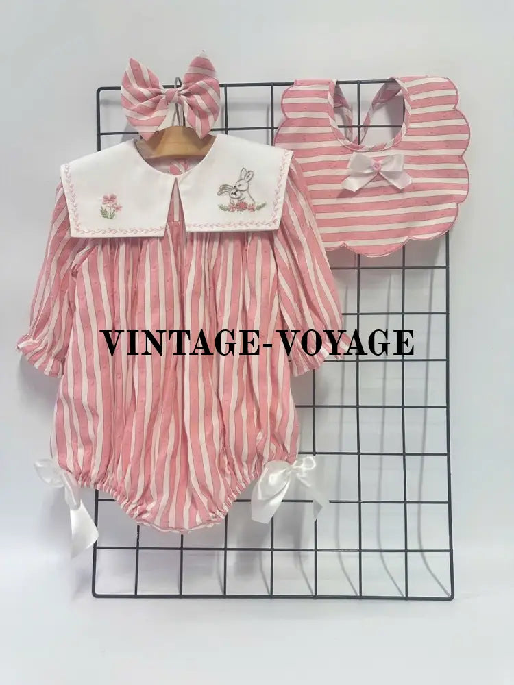 PRE ORDER&GET NEXT WEEK! NEW! VIVI CORAL STRIPED HAND EMBROIDERED BABY ROMPER BIB & HAIR ACCESSORIES SET NB 1M Baby &