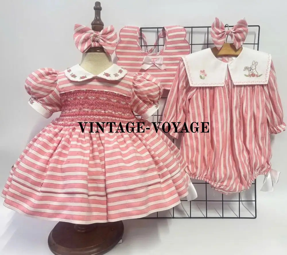 PRE ORDER&GET NEXT WEEK! NEW! VIVI CORAL STRIPED HAND EMBROIDERED BABY ROMPER BIB & HAIR ACCESSORIES SET Baby & Toddler