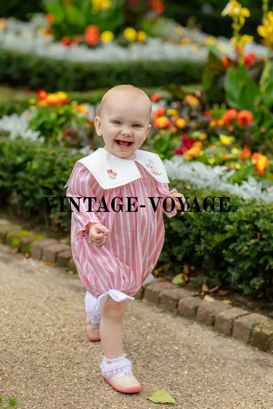 NEW🤩VIVI CORAL🪸STRIPED HAND-EMBROIDERED🧵🪡BABY ROMPER BIB & HAIR ACCESSORIES🎀 Baby & Toddler Outfits