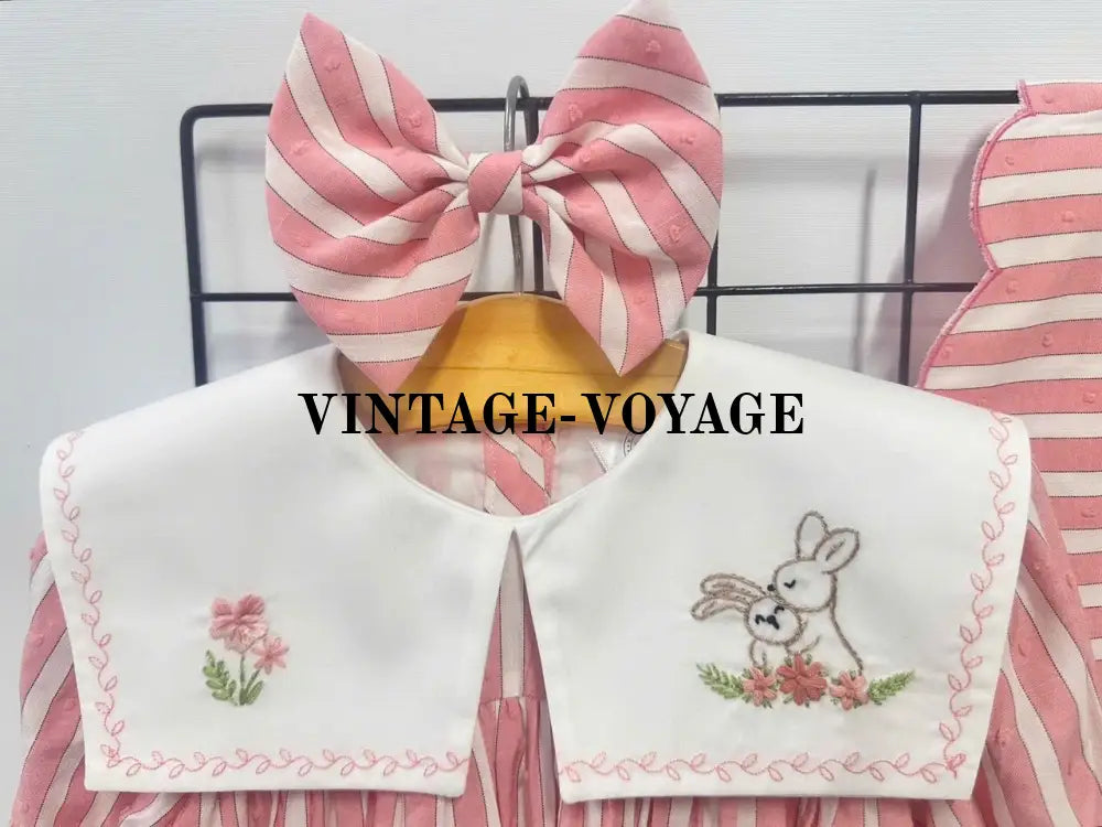 PRE ORDER&GET NEXT WEEK! NEW! VIVI CORAL STRIPED HAND EMBROIDERED BABY ROMPER BIB & HAIR ACCESSORIES SET Baby & Toddler
