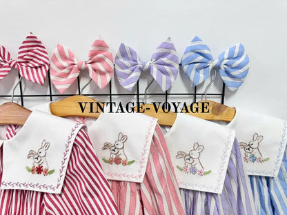PRE ORDER&GET NEXT WEEK! NEW! VIVI CORAL STRIPED HAND EMBROIDERED BABY ROMPER BIB & HAIR ACCESSORIES SET Baby & Toddler