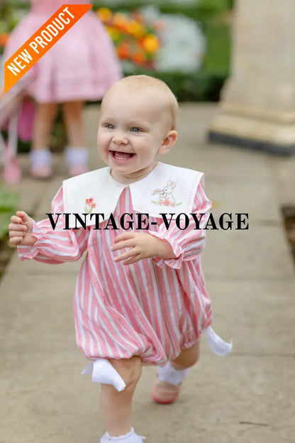 NEW🤩VIVI CORAL🪸STRIPED HAND-EMBROIDERED🧵🪡BABY ROMPER BIB & HAIR ACCESSORIES🎀 Baby & Toddler Outfits