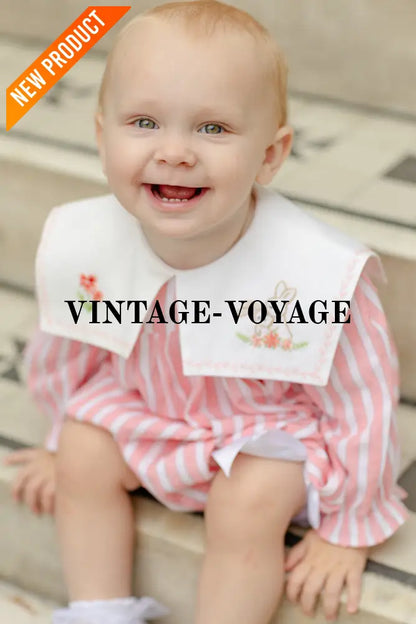 NEW🤩VIVI CORAL🪸STRIPED HAND-EMBROIDERED🧵🪡BABY ROMPER BIB & HAIR ACCESSORIES🎀 Baby & Toddler Outfits