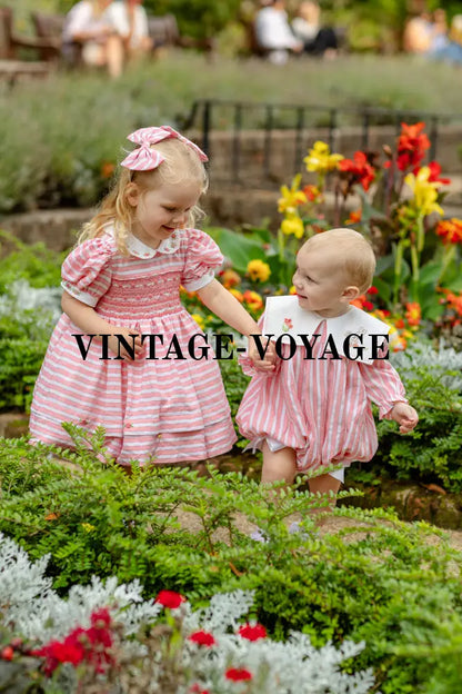 NEW🤩VIVI CORAL🪸STRIPED HAND-EMBROIDERED🧵🪡BABY ROMPER BIB & HAIR ACCESSORIES🎀 Baby & Toddler Outfits