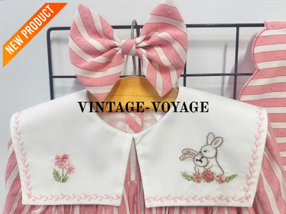 PRE ORDER&GET NEXT WEEK! NEW! VIVI CORAL STRIPED HAND EMBROIDERED BABY ROMPER BIB & HAIR ACCESSORIES SET Baby & Toddler