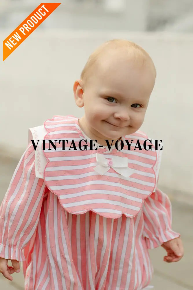 NEW🤩VIVI CORAL🪸STRIPED HAND-EMBROIDERED🧵🪡BABY ROMPER BIB & HAIR ACCESSORIES🎀 Baby & Toddler Outfits