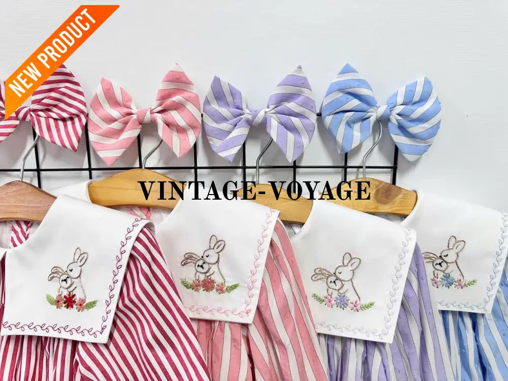 PRE ORDER&GET NEXT WEEK! NEW! VIVI CORAL STRIPED HAND EMBROIDERED BABY ROMPER BIB & HAIR ACCESSORIES SET Baby & Toddler