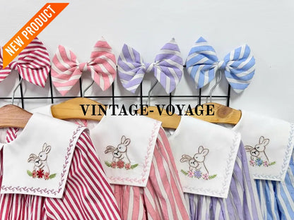 PRE ORDER&GET NEXT WEEK! NEW! VIVI CORAL STRIPED HAND EMBROIDERED BABY ROMPER BIB & HAIR ACCESSORIES SET Baby & Toddler